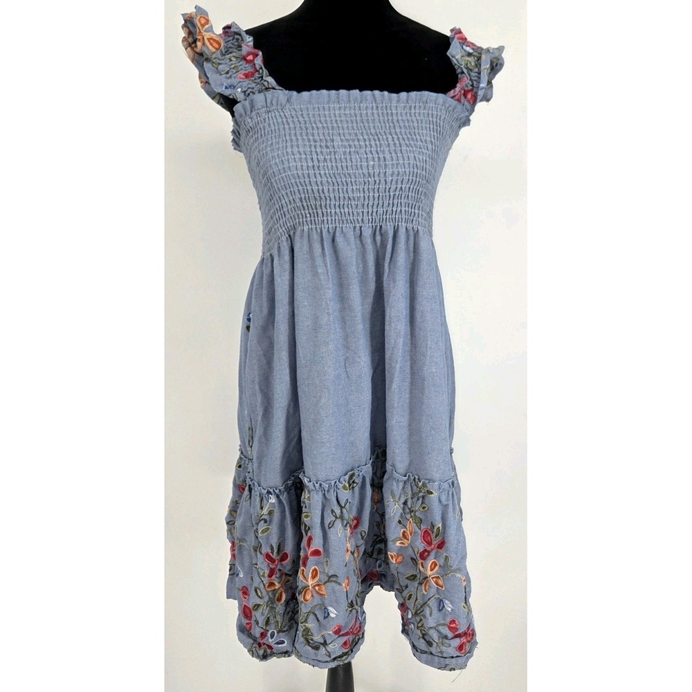 Anthropologie Kindred XL Floral Embroidered Smocked Sleeveless Denim Dress